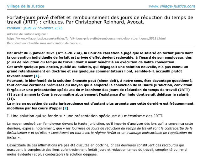 Forfait-jours privé d’effet et remboursement des jours de réduction du temps de travail (JRTT) : critiques.